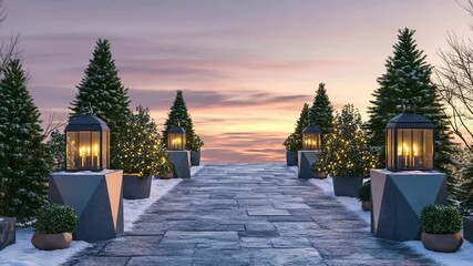 Winter stone path lined with lanterns and low evergreens in geometric planters under twilight sky - Powered by Adobe
