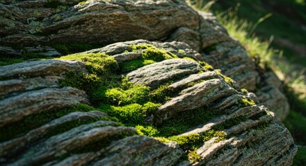 Textured rock face covered with patches of moss and lichen in wilderness