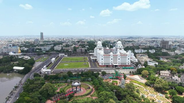 Hyderabad, India: Aerial view of capital and largest city of Indian state of Telangana - landscape panorama of South Asia from above

