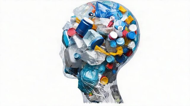 environmental conservation technology, nature and sustainable concept.A human head silhouette filled with plastic waste and garbage, symbolizing pollution and environmental concerns.