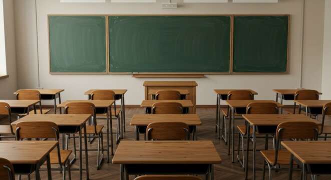 Neat empty classroom with wooden desks and chairs facing clean chalkboard. Copy space on chalkboard