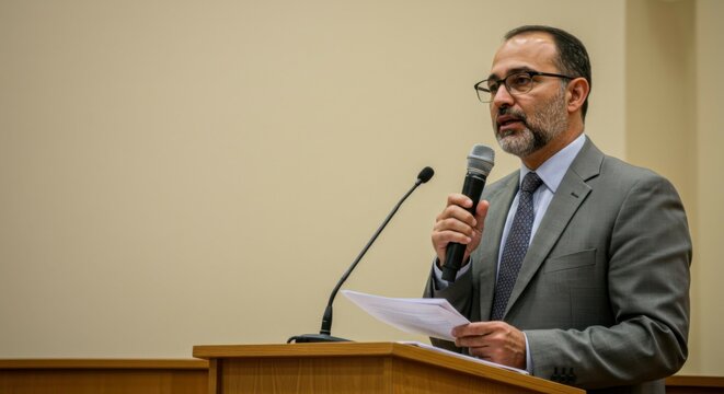 Lecturer holding papers and speaking into a mic at the conference podium. Copy space.