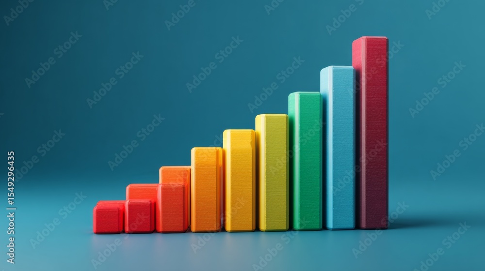Poster A D bar graph with a clear upward trend, featuring a gradient of colors from red to green, symbolizing progress and growth, set against a smooth blue background.