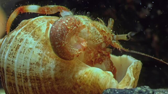 A hairy hermit crab Paguroidea moves slowly across the seabed. This tiny crustacean seeks food and shelter in the cold waters of the White Sea, Arctic Ocean.