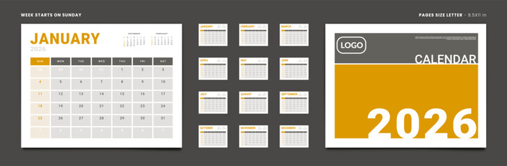 Set of Monthly pages Calendar Planner Templates 2026 for wall or desk with Cover and place for Photo, Logo. Vector layout of simple calendar with week start Sunday. Pages for size Letter - 8.5x11 in