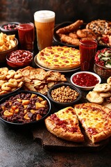 Delicious Spread of Various Dishes Including Pizza and Snacks