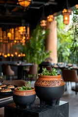 Elegant Earthen Pots with Green Plants in Stylish Restaurant Setting