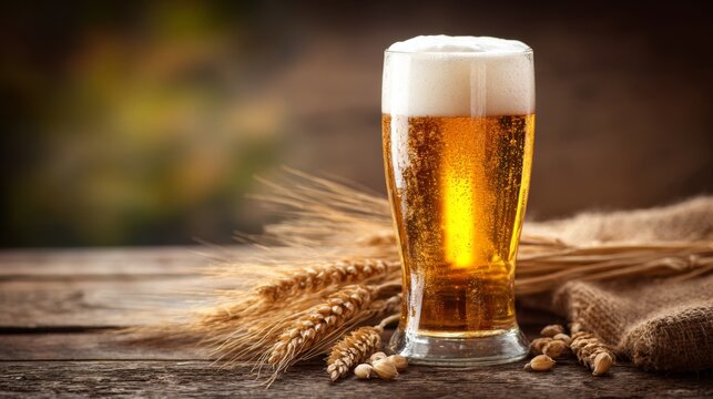 A beautifully crafted glass of wheat beer with a cloudy, golden appearance, served with a thick white head, resting on a rustic wooden table.