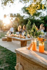 Vibrant Cocktails with Herbs at Outdoor Celebration in Golden Hour