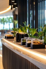 Elegant Modern Lobby with Fresh Plants and Snacks Displayed