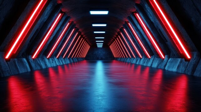 An intriguing corridor illuminated by vibrant red and blue neon lights showcases a futuristic design, providing a dramatic atmosphere that ignites the imagination. - Powered by Adobe