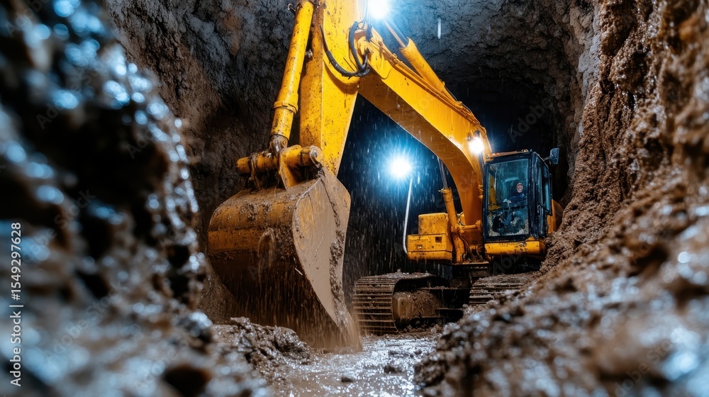 Poster an intense image of a yellow excavator working in a deep muddy tunnel, creating an atmosphere of ind