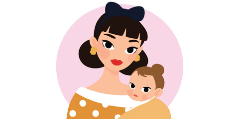 Fototapeta premium A heartwarming depiction of a mother tenderly cradling her baby. This illustration beautifully captures the bond of motherhood and the tender care of a baby.