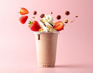 Strawberry Milkshake in plastic cup, haselnut, whipped cream