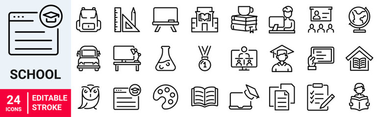 Back to school. Education and e learning. School, university, success, academic, textbook. Vector illustration. Outline icon. Editable stroke.