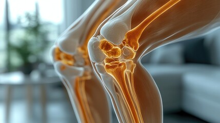 Detailed 3D rendering of human knee joint anatomy showcasing bones