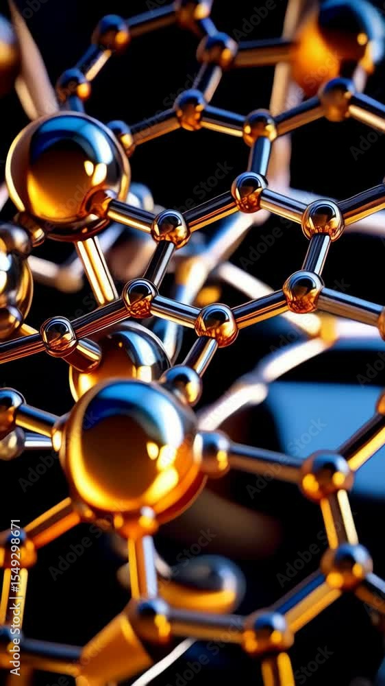 Poster abstract close up golden molecular structure model with interconnected spheres and rods on a blue ba