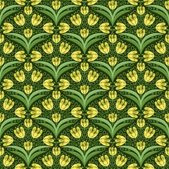 Seamless floral pattern with stylized yellow tulip-like flowers and green leaves on a dark green background. Perfect for fabric prints, wrapping paper, wallpapers, digital use, and surface decoration