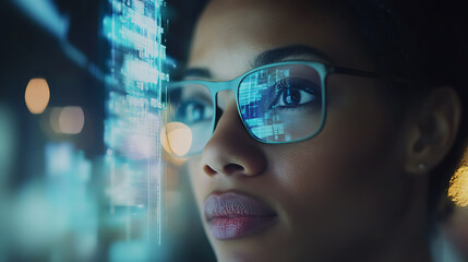 A person with glasses examines digital data projections in a futuristic setting.