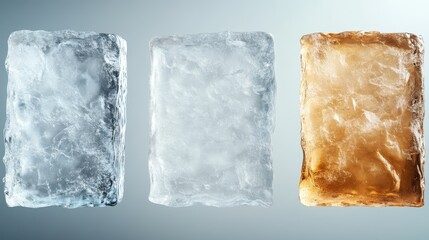 The image showcases three distinct ice blocks; a clear one, a frosty white, and a brownish hue one, highlighting different states of ice and its textures, perfect for stock use.