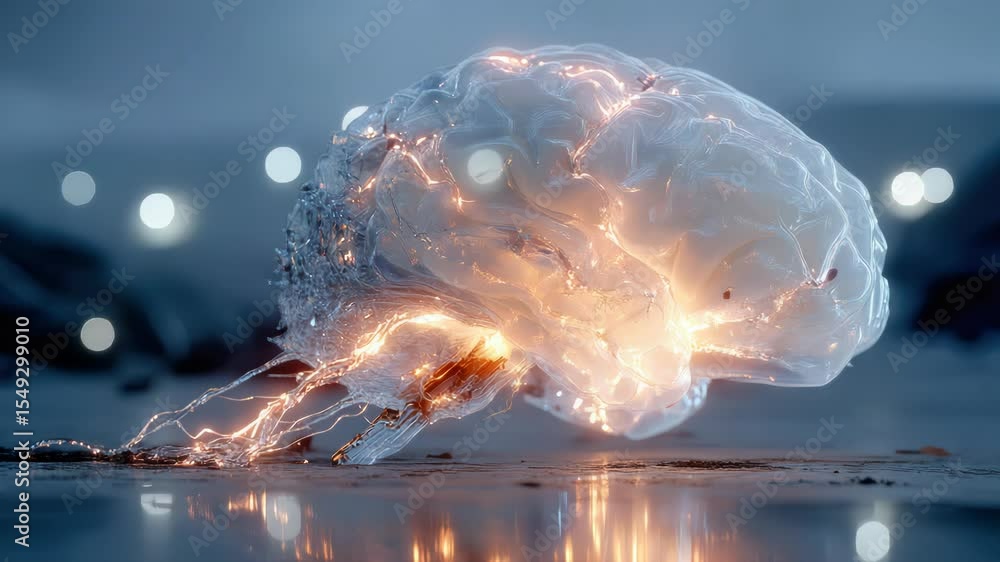 Aufkleber glowing digital brain made of translucent fibers emitting light, symbolizing advanced artificial int