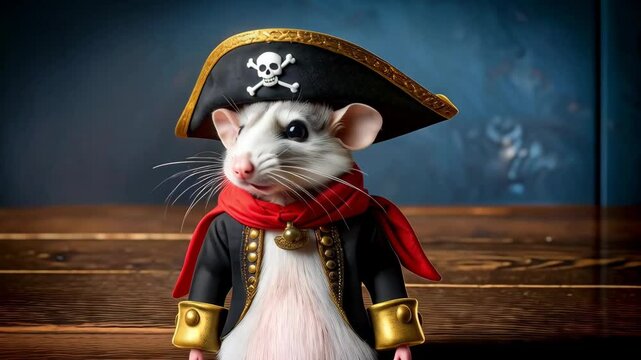 Rodent adventurer dressed as pirate with hat, eye patch, neck scarf, and black jacket