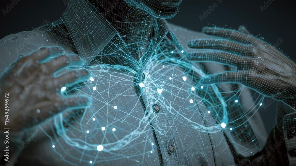 Poster technological wireframe hologram displaying businessman's chest anatomy, revealing glowing blue line