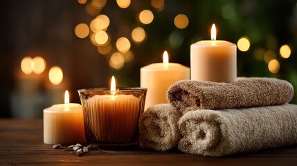 Candles and towels with soft bokeh lights in the background.