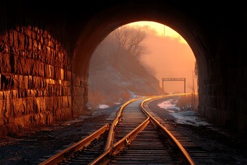 Railroad tracks leading through a tunnel at sunrise.
