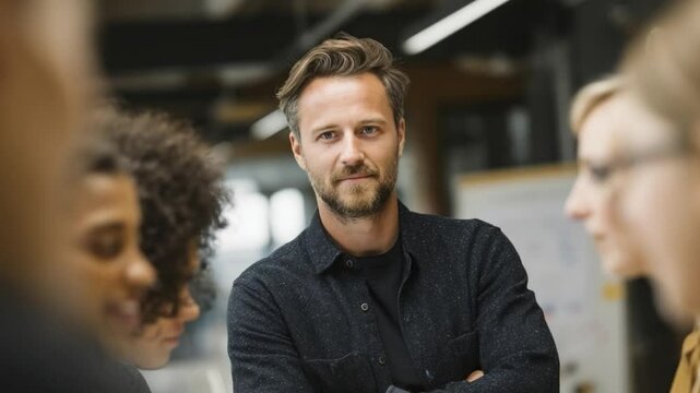 Focused Leadership: Confident leader in an open office environment. Displaying leadership qualities with an assertive gaze, surrounded by colleagues in a collaborative setting.
