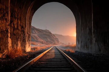 Railroad tracks emerging from a tunnel at sunrise.