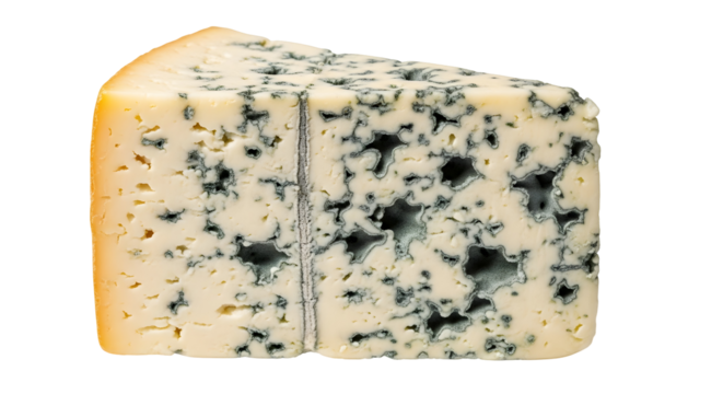 A triangular piece of blue cheese with visible mold veins and orange rind, dairy product for cooking or snack, on transparent background.