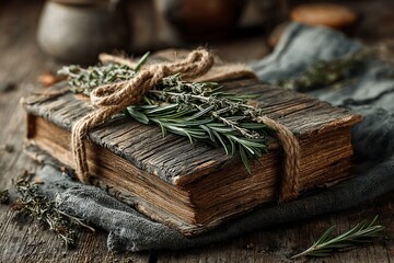 Aged book adorned with herbs and twine.