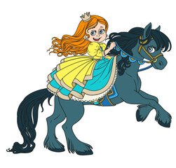 Cute cartoon little red haired princess riding on black horse that bucks front hooves