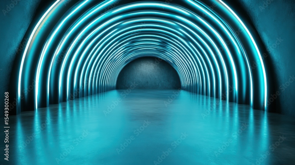 Poster an innovative and striking image of a futuristic tunnel illuminated with neon blue lights, creating 