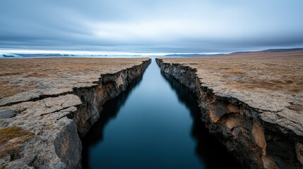 An impressive geological rift flanked by bare cliffs and calm water, depicting a dramatic natural feature that captures the raw beauty and power of nature.