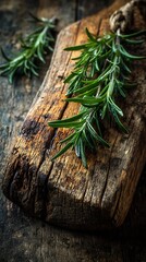 Fresh rosemary sprigs on a rustic wooden cutting board.
