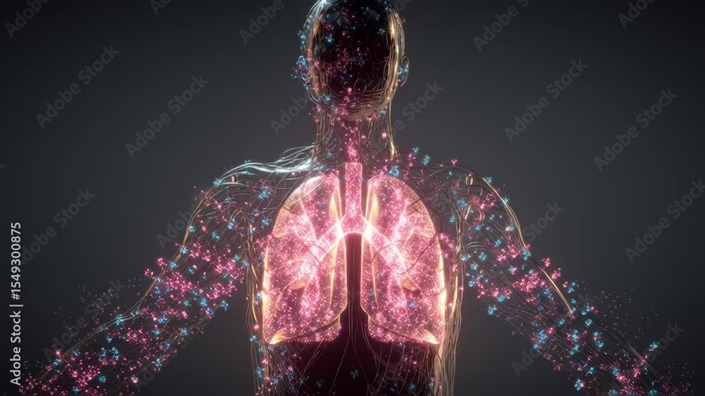 Poster luminous particles dynamically swirling around anatomical human lungs, revealing intricate respirato