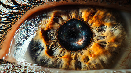 Macro View of an Eye with a Cosmic Iris, Reflecting the Night Sky