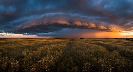 Fototapeta premium Dramatic Sunset Over Golden Prairie, Massive Storm Clouds
