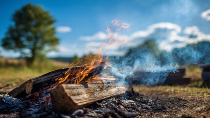 Fototapeta premium A close-up of a burning log on a bonfire with smoke drifting in the breeze, set against a bright blue sky and an idyllic outdoor setting