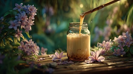Refreshing drink poured into a glass jar surrounded by blossoms.