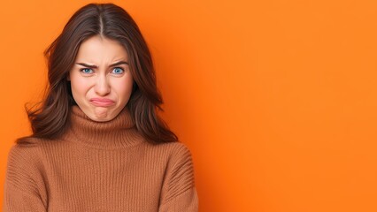 Fototapeta premium Unhappy young woman with displeased expression on orange background