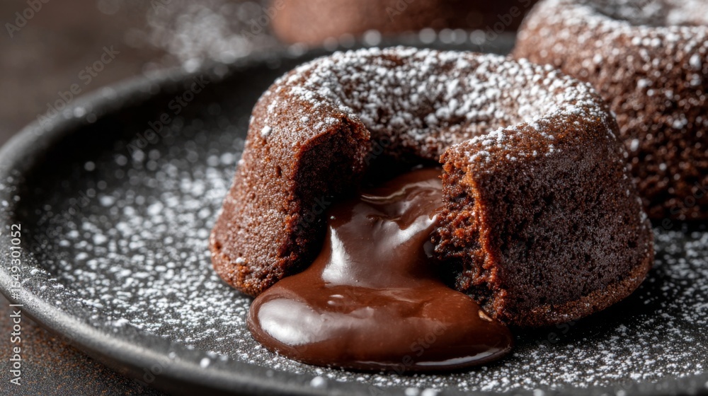 Poster A close-up of a chocolate lava cake with molten chocolate oozing from the center, served on a dark plate with a dusting of powdered sugar.