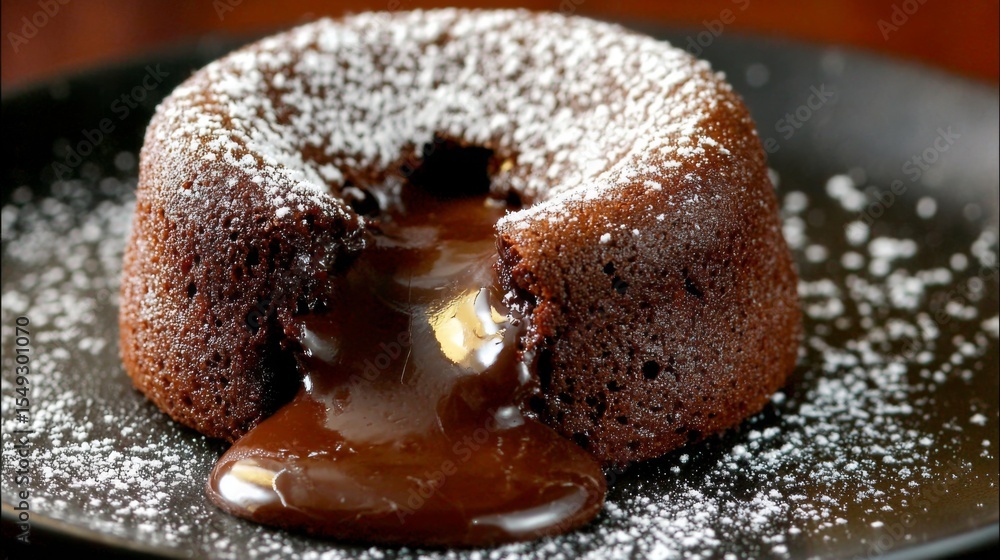 Poster A close-up of a chocolate lava cake with molten chocolate oozing from the center, served on a dark plate with a dusting of powdered sugar.