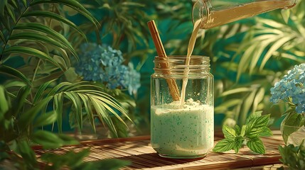 A light teal smoothie is poured into a glass jar.