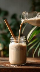 Light brown beverage being poured into a glass jar.