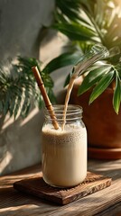 Light brown beverage being poured into a glass jar.