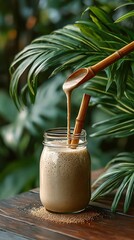 Smoothie being poured into a glass jar.