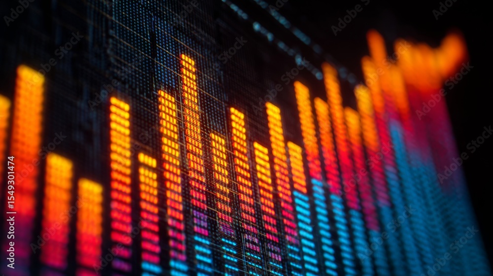 Poster a close-up of a financial bar chart on a computer screen, showing a positive upward trend in bright 